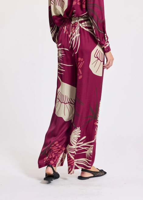 LAUREN VIDAL Raspberry Soft Viscose Pants With Plant Print And Flowing Cut | GALIA