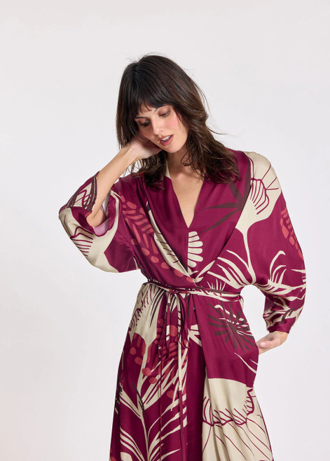 LAUREN VIDAL Raspberry Adjustable V-Neck Dress With Japanese-Inspired Tie Front | SAKO