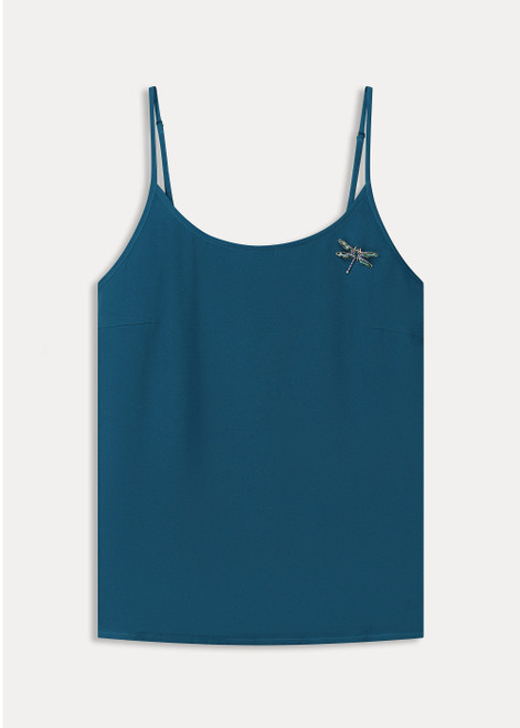 POM Blue top with adjustable straps, dragonfly brooch, and loose fit. Made of 100% recycled polyester.