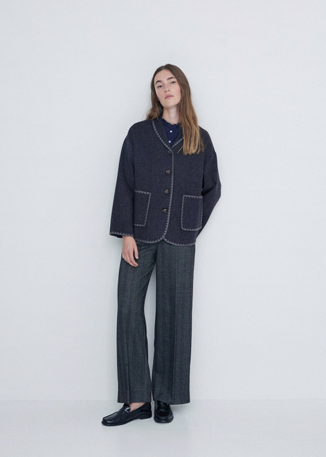 YERSE Navy Wool Trimmed Button Coat