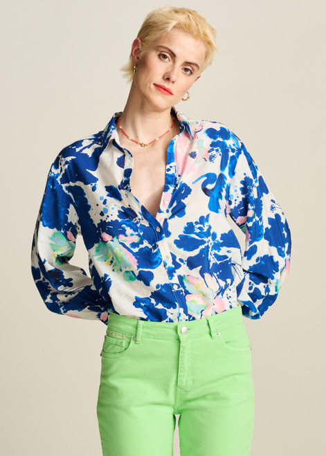 POM Violet Crane Birds Blue Blouse | SP7729