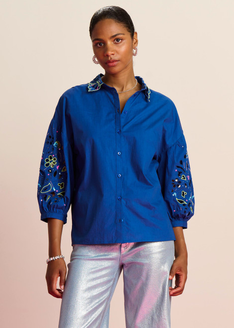 POM Embroidery Ink Blue Blouse | SP7745