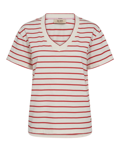 MOS MOSH Chinese Red Nani V-Ss Stripe Tee | 168630