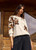 LAUREN VIDAL Soft Knit Sweater In Ivory With Bold Floral Jacquard Sleeves