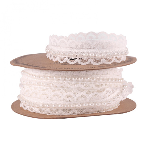 20mm White Lace Ribbon With Pearls - Discontinued
