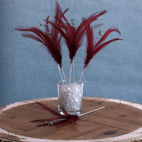 Burgundy Diamante Feathers (6 Pack)