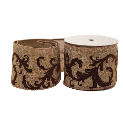 Brown Rustic Leaf Swirl Ribbon 63mm - Discontinued