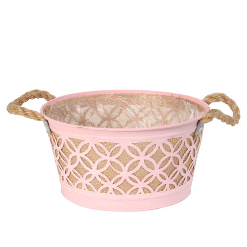 Round Pink Zinc Planter with Hessian Liner & Rope Handles Round Pink Zinc Planter with Hessian Liner & Rope Handles