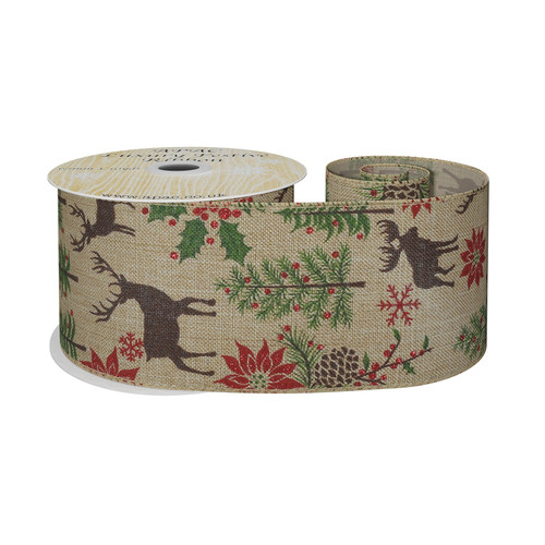 Natural with Deer & Foilage Ribbon (63mm x 10yds)