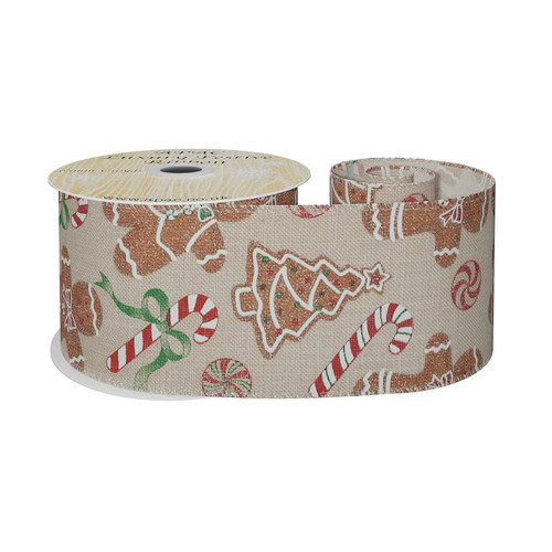 Natural with Trees & Candy Canes Ribbon (63mm x 10yds)