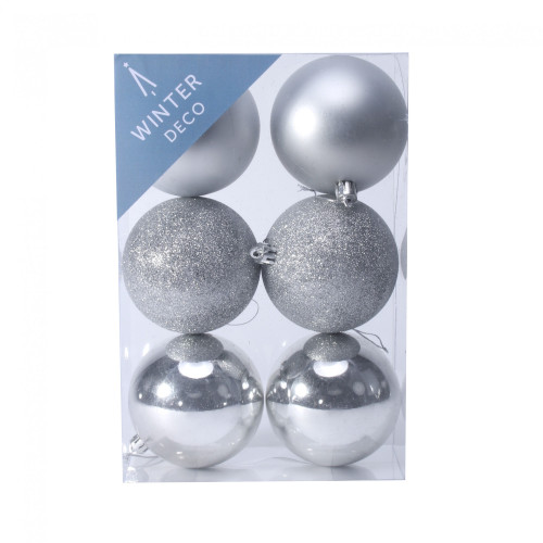 8cm Silver Shatterproof Baubles (x6) 8cm Silver Shatterproof Baubles (x6)