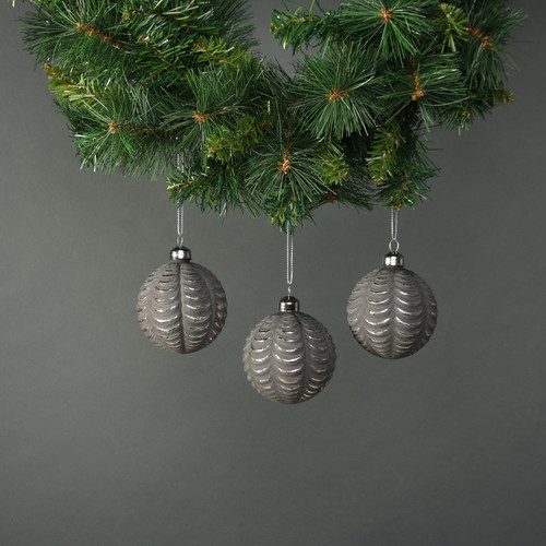 Naida 8cm Glass Frill Bauble Pewter & Silver (Set of 4)