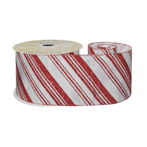 White Satin Ribbon with Red Glitter Diagonal Stripes (63mm x 9m)
