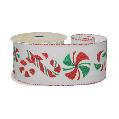 Taffeta Ribbon with Red/White/Green Candy Canes  (63mm x 9m)