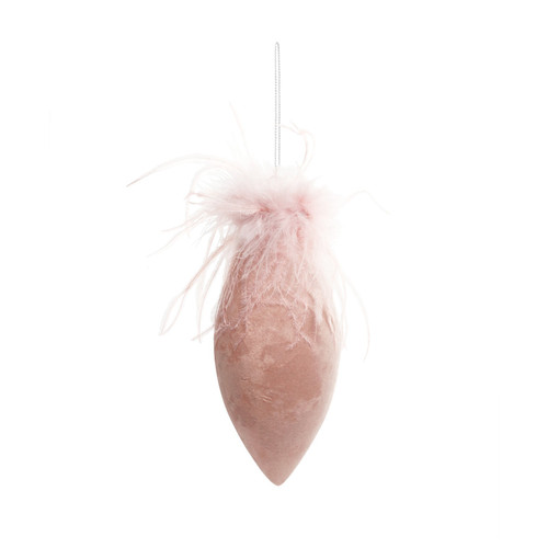 Pink Velvet Glass Droplet Bauble with Feather (H16cm)