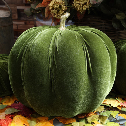 Extra Large Green Velvet Pumpkin with Gold Glitter Stem