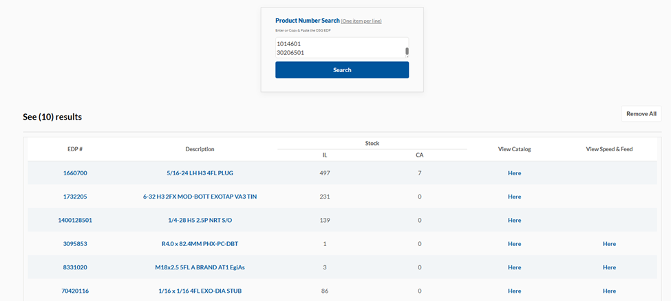 Bulk search page showing multple items entered