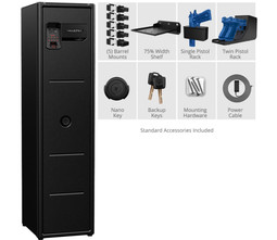 Vaultek NRS800i-BK ViSN WiFi smart safe - side view of safe with image of all included accessories