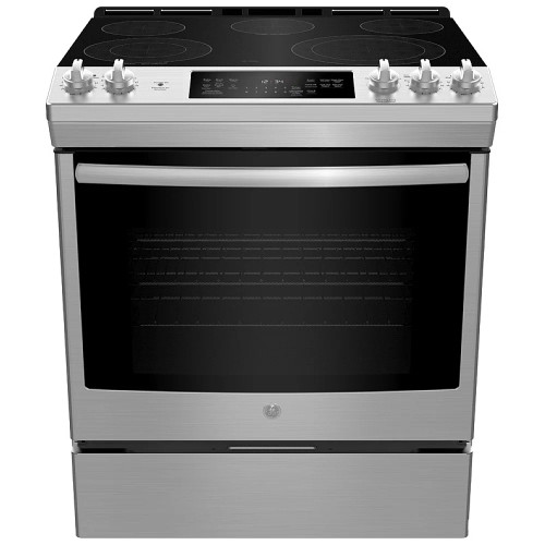 GE JCS840SMSS Electric Range, 5.3 cu. ft. Capacity, 30 inch Exterior Width, True Convection, 5 Burners, Storage Drawer, Self Clean, 3,000 Watts Highest Burner Element, Stainless Steel colour True European Convection