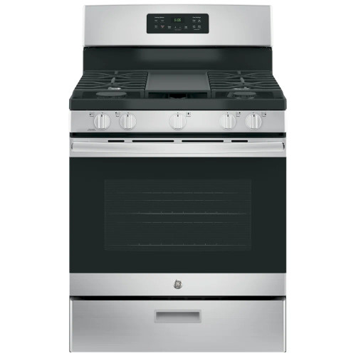 GE JCGBS66SEKSS Gas Range, 5 cu. ft. Capacity, 30 inch Exterior Width, Manual Clean, 5 Burners, Broiler Drawer, 15,000 BTU Highest Burner, Stainless Steel colour