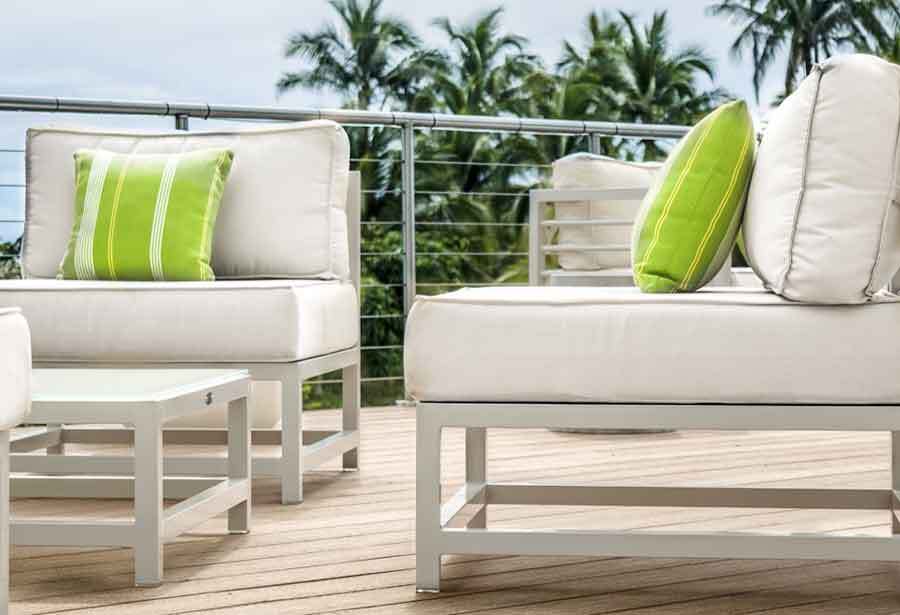 Toleadon Collection of outdoor furniture by Kannoa, including sofas, armchairs, a side table and coffee table