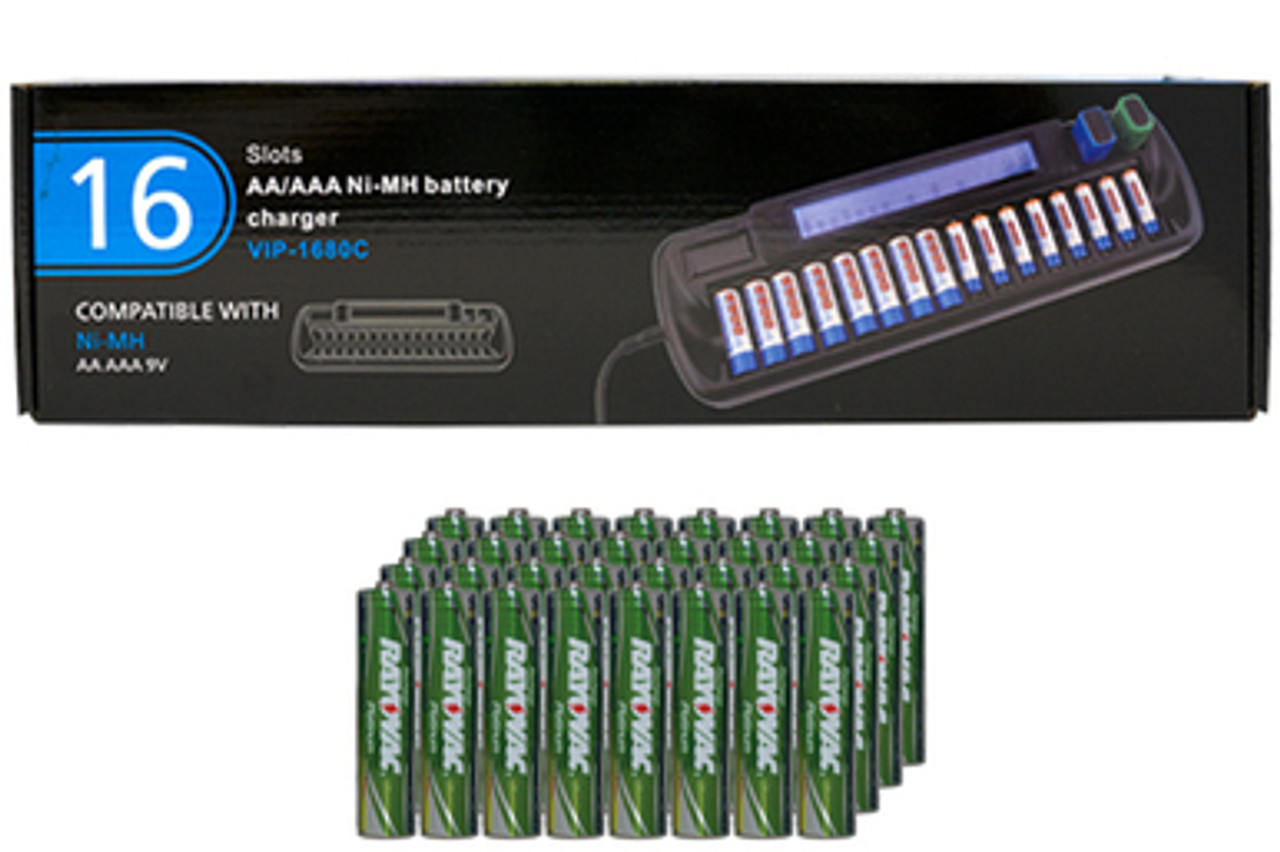16 Bay AA / AAA LCD Battery Charger + 32 AAA Rayovac 750 mAh NiMH Batteries