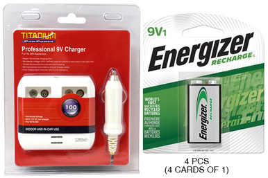4 Bay 9 Volt Smart Charger + 4 x 9 Volt Energizer Recharge NiMH