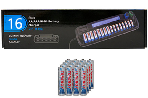 16 Bay AA / AAA LCD Battery Charger + 16 AAA Tenergy NiMH Batteries (1000 mAh)
