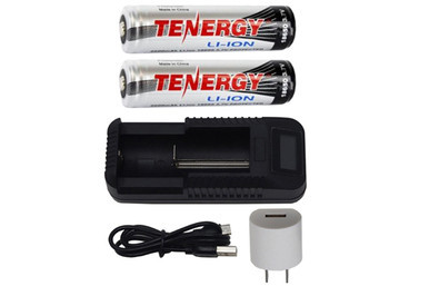 Tenergy 1-slot Li-Ion charger with LCD display and two 18650 batteries