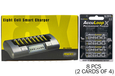 Powerex MH-C800S smart charger with eight AA rechargeable batteries
