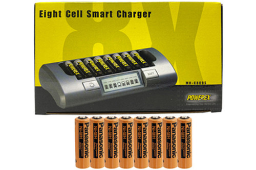 Powerex MH-C800S Eight Slot Smart Charger & 8 AA NiMH Panasonic 2000 mAh Rechargeable Batteries (Industrial Eneloop)