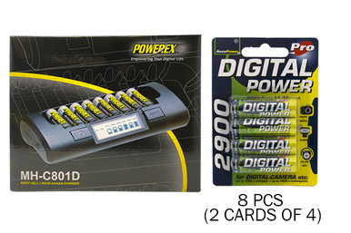 Powerex MH-C801D eight-slot smart charger with eight AA batteries