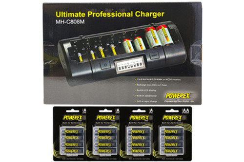 Powerex MH-C808M 8 Bay LCD Charger + 16 AA NiMH Powerex PRO Rechargeable Batteries (2700 mAh) with Battery Case