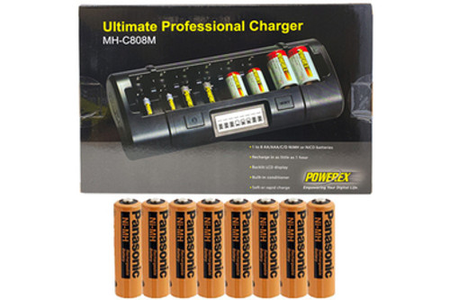Powerex MH-C808M 8 Bay LCD Charger + 8 AA NiMH Panasonic 2000 mAh Rechargeable Batteries (Industrial Eneloop)
