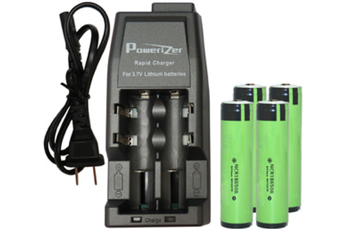Li-Ion Charger (2 Slot) + 4 x 18650 3.6v Panasonic 3400 mAh li-ion w/ PCB Li-Ion Charger (2 Slot) + 4 x 18650 3.6v Panasonic 3400 mAh li-ion w/ PCB
