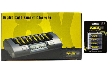 Powerex MH-C800S smart charger with eight AA NiMH batteries and case