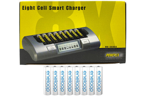 Powerex MH-C800S Eight Slot Smart Charger & 8 AA NiMH Panasonic (Sanyo) Eneloop Rechargeable Batteries (2000 mAh)