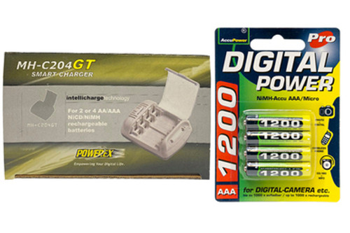 Powerex MH-C204GT AA / AAA Smart Battery Charger & 4 AAA NiMH AccuPower Micro Batteries (1200 mAh)