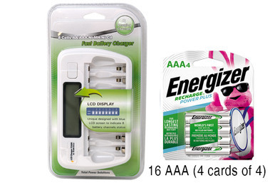 8 bay AA AAA LCD battery charger with 16 Energizer rechargeable AAA batteries