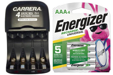 Energizer smart slim travel charger with 4 AAA rechargeable batteries