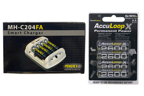 Powerex MH-C204FA AA / AAA Smart Battery Charger & 4 x AA NiMH AccuPower AccuLoop-X Rechargeable Batteries (2600 mAh)