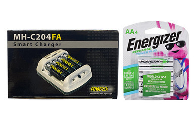 Powerex MH-C204FA charger with four Energizer AA rechargeable batteries