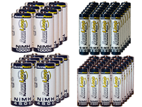 24 AA (2600 mAh) + 24 AAA (1100 mAh) + 8 C (4500 mAh) + 8 D (10000 mAh) NiMH AccuLoop Batteries