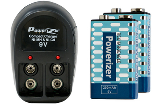 V-228 Two Bay 9 Volt Charger + 2 x 9 Volt Powerizer NiMH Batteries (200 mAh)