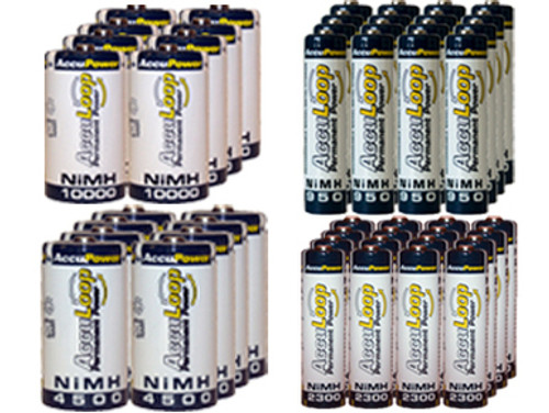 16 AA (2600 mAh) + 16 AAA (1100 mAh) + 8 C (4500 mAh) + 8 D (10000 mAh) NiMH AccuLoop Batteries