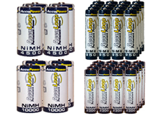 16 AA (2600 mAh) + 16 AAA (1100 mAh) + 4 C (4500 mAh) + 4 D (10000 mAh) NiMH AccuLoop Batteries