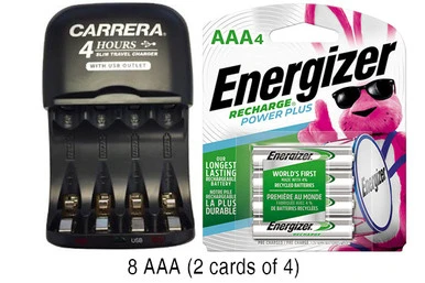 AA / AAA NiMH Smart Slim Travel Charger with USB Plug & 8 AAA 800 mAh Energizer Rechargeable Batteries