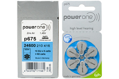 PowerOne Size 675 hearing aid batteries 60 pack box front view