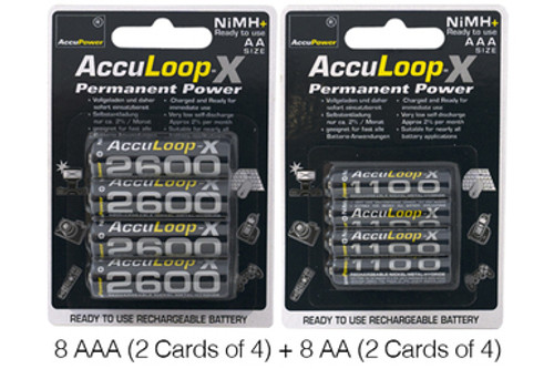 8 x AAA (1100 mAh) + 8 x AA (2600 mAh) AccuPower AccuLoop-X NiMH Battery Combo