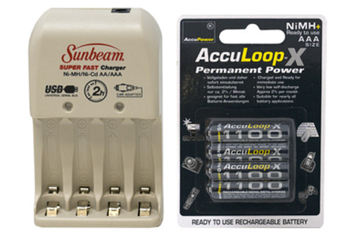 Sunbeam AA / AAA Battery Charger + 4 AAA AccuPower AccuLoop-X NiMH Batteries (1100 mAh)